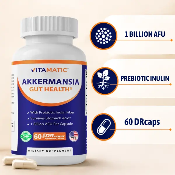 Vitamatic Akkermansia Muciniphila Edible Dietary Supplement - 60 Delayed-Release DR Capsules with Prebiotic Inulin Fiber, Digestion Healthcare Supplement for Adults