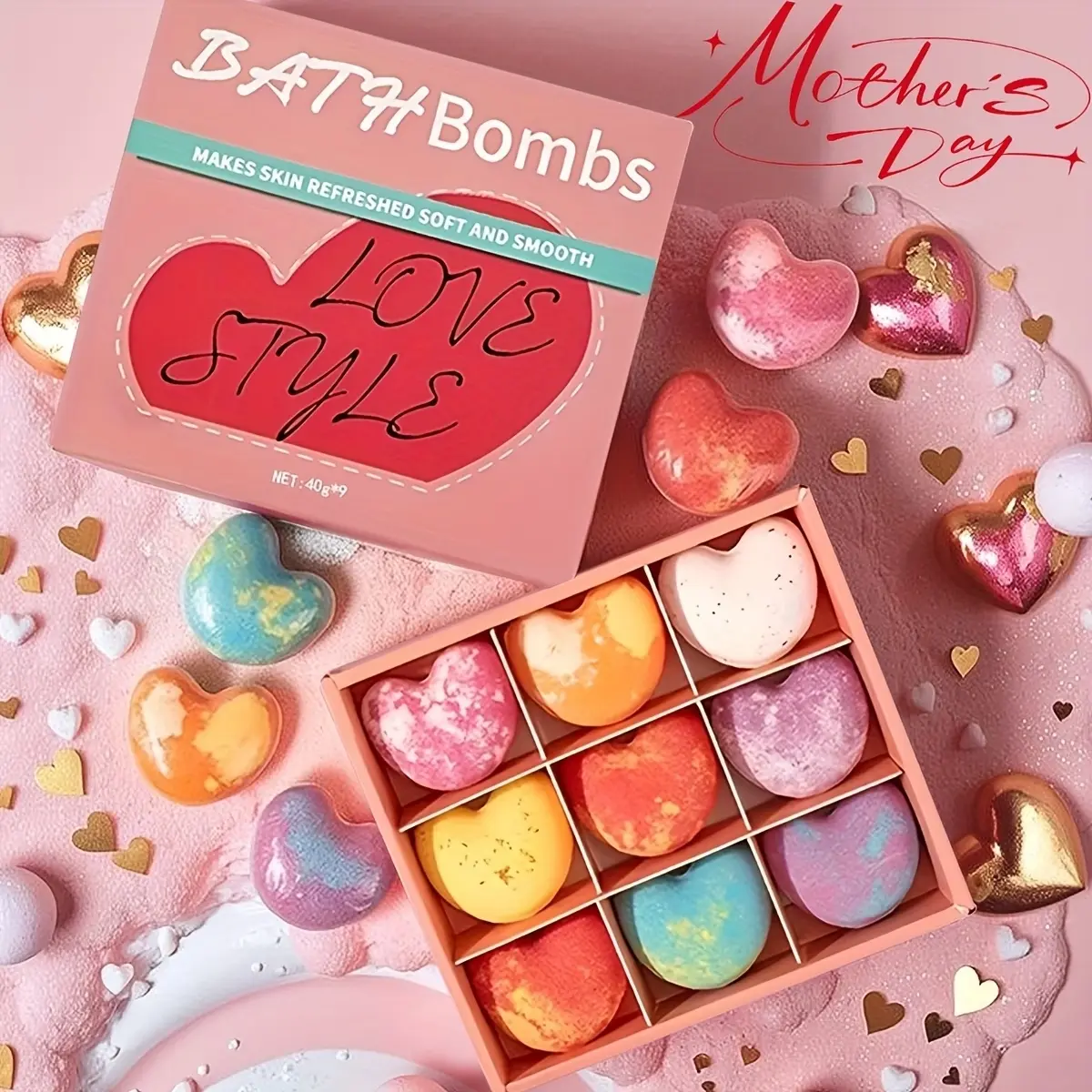 9 Pcs Bath Bomb Gift Set with Essential Oils - Heart & Ball Shaped Aromatherapy Fizzies, Multiple Scents Body Care for Valentine's Day Relaxing Spa & Bubble Bath, Bubble Baths