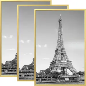 3 Pack 16x24 Gold Wooden Photo Frames, Scratch-Proof Wood and Plastic Poster Frames with Slide-In Strips, Decor for Photo Gallery - Horizontal/Vertical Wall Mounting