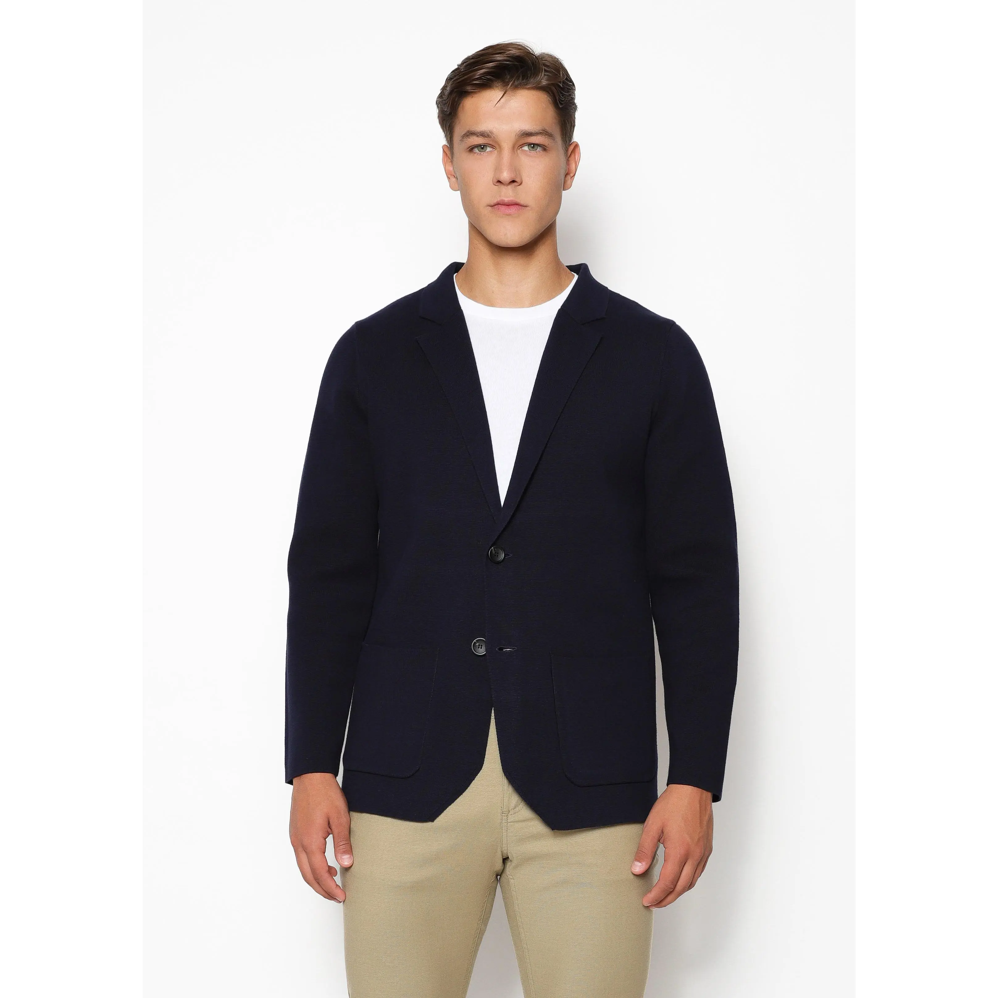 NAVY SINGLE BREASTED COTTON DECONSTRUCTED KNITTED BLAZER PM-16400