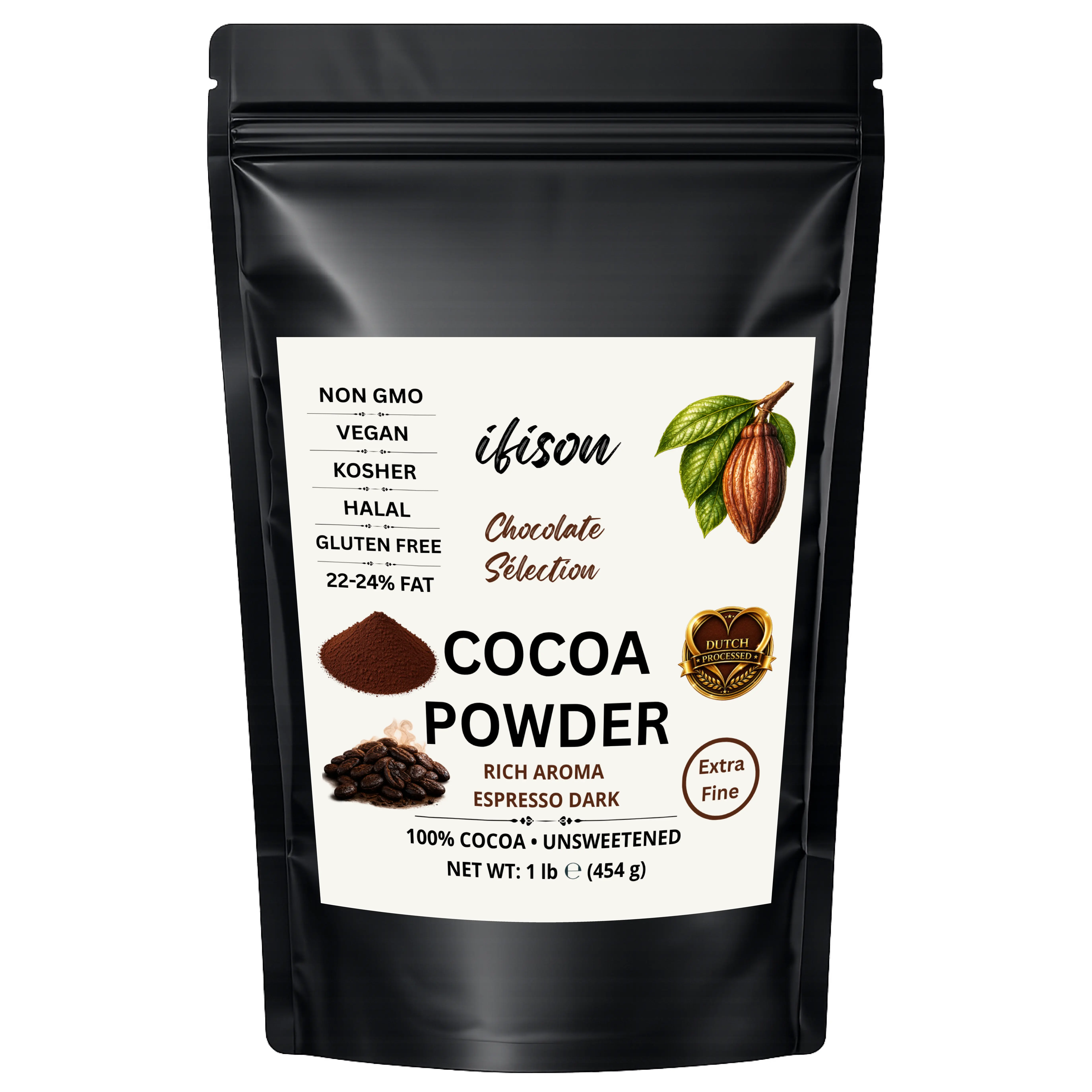ifison Dutch Processed Cocoa Powder, Extra Fine, Unsweetened, French Cocoa, 1 lb (454 g), Premium Rich Dark Chocolate Flavor, Enhanced Chocolate Aroma & Espresso Dark Color, Perfect for Baking, Frostings, Fillings, Hot Chocolate, Ice Creams and Desserts