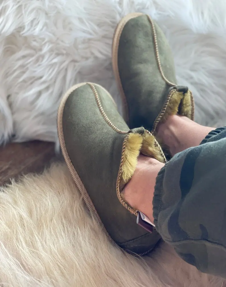 Follkee Sheepskin Slippers Wool House Shoes Slippers Women Slippers Men Leather Slippers