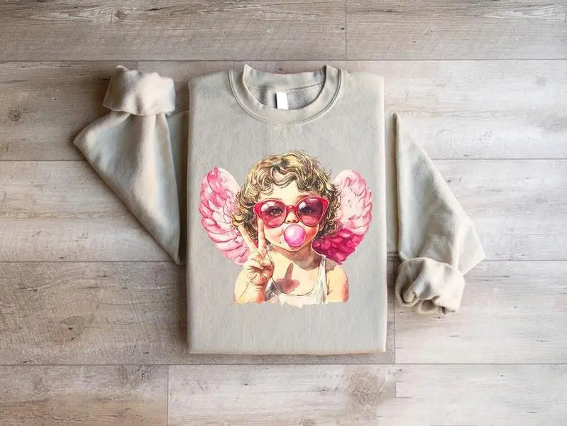 Retro Cupid Sweatshirt, Aesthetic Valentines Day Blowing Bubble Cupid Shirt