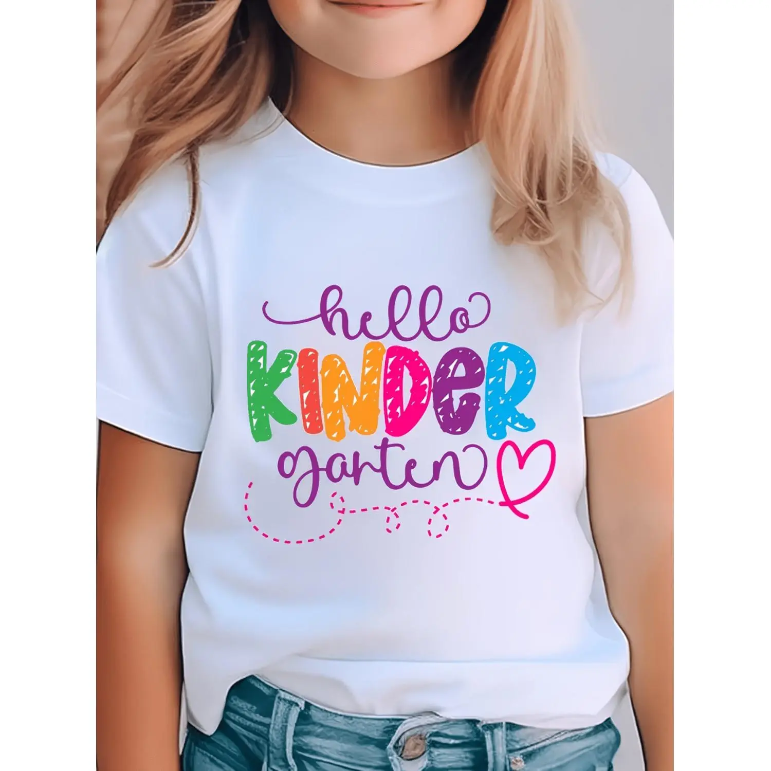 Girls' White Short-Sleeve T-Shirt with "Hello Kindergarten" Colorful Heart Print, a Sweet Top for The Start of School