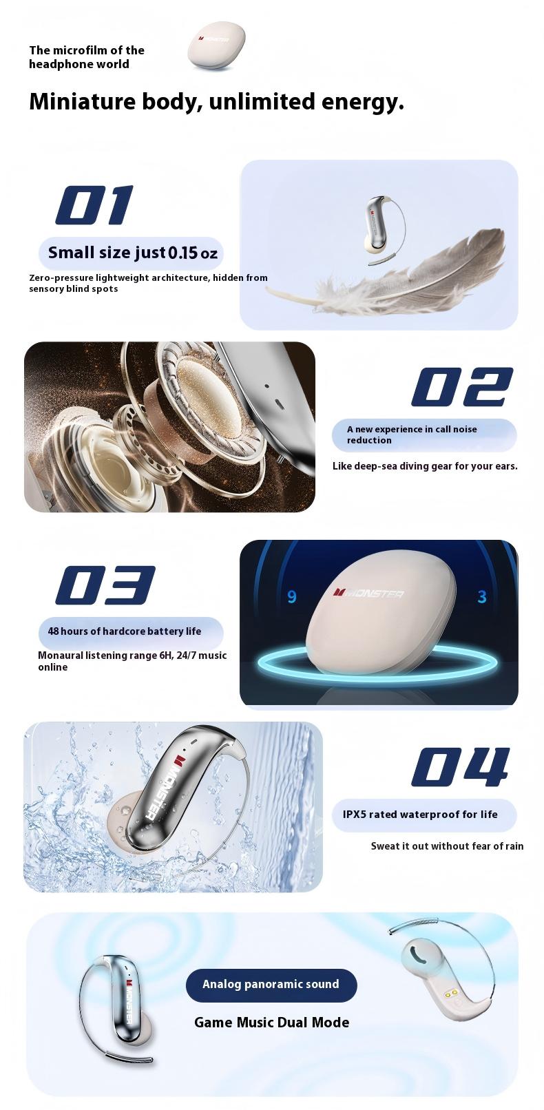 Monster Open-Ear Mic Headset, Wireless Earbuds, Secure Earhook Design, Mic Noise Cancelling, 165H Playtime, Bluetooth 6.0, Sweatproof, Lightweight, Comfortable, for Running, Workout, Cycling, Driving – Perfect Gifts - SummerWins - DealsForYouDays Monster Open-Ear Mic Headset, Wireless Earbuds, Secure Earhook Design, Mic Noise Cancelling, 165H Playtime, Bluetooth 6.0, Sweatproof, Lightweight, Comfortable, for Running, Workout, Cycling, Driving – Perfect Gifts - SummerWins - DealsForYouDays