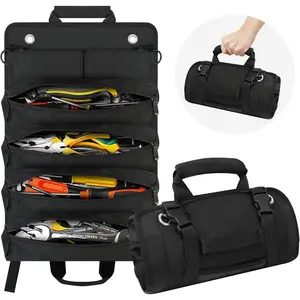 Tool Roll Bag, Small Roll Up Tool Bag with Detachable Pouches, Heavy Duty Roll Up Tool Bag Organizer, Tool Storage Kit for Mechanic & Electrician, Gifts for Men (Black)