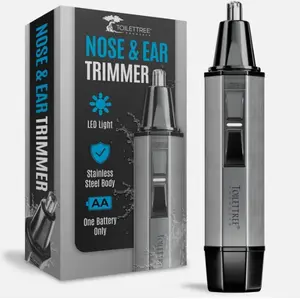 Toilettree Water Resistant Nose & Ear Trimmer with LED Light Stainless Steel Body Beard Shaving Clipper AA Battery Operated