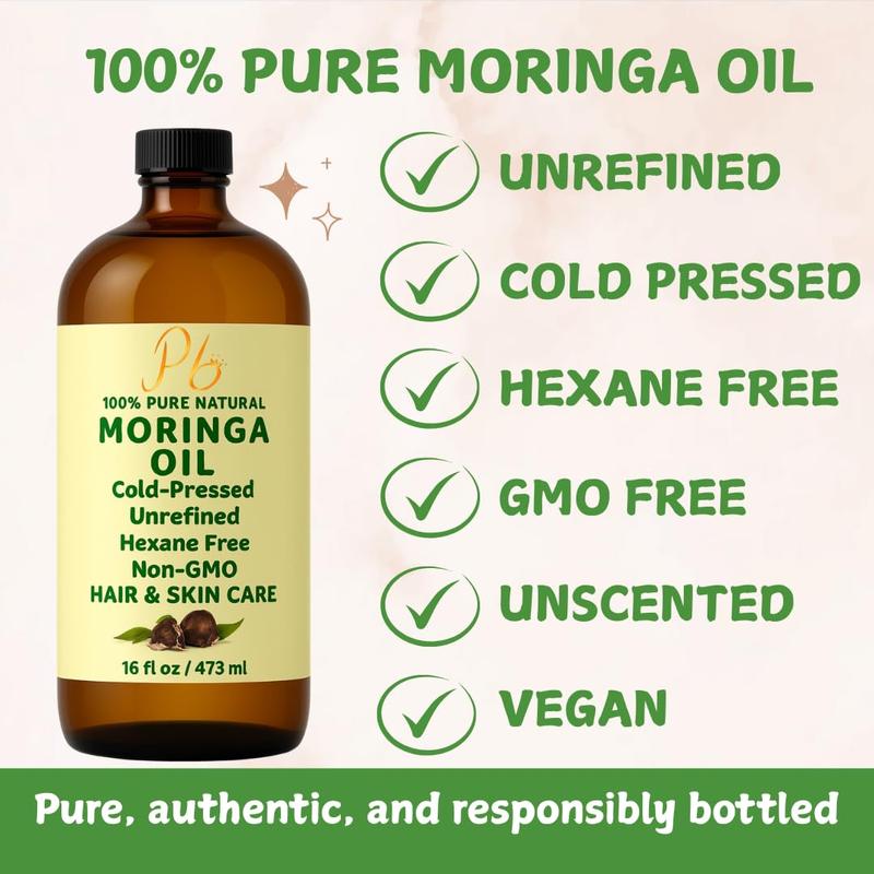 Pomberries Moringa Seed Oil 16 fl oz | 100% Pure, Cold-Pressed, Unrefined | Face, Hair, Skin & Body | Amber Glass Pump Bottle
