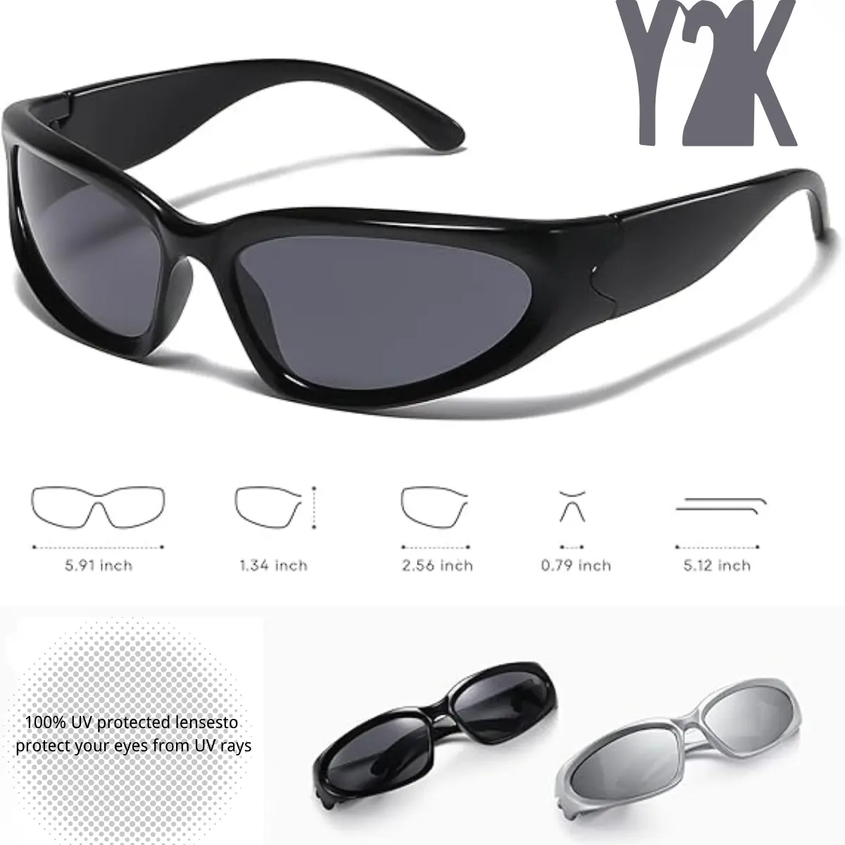 Y2K Wrap Around Sunglasses for Women Men Sliver Oval Fashion 