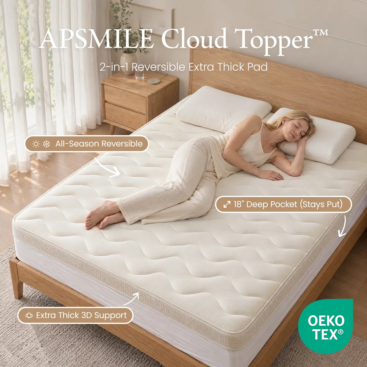 APSMILE Cloud Topper - All-Season Reversible Topper, Cooling & Brushed Fabric, Extra Thick Support