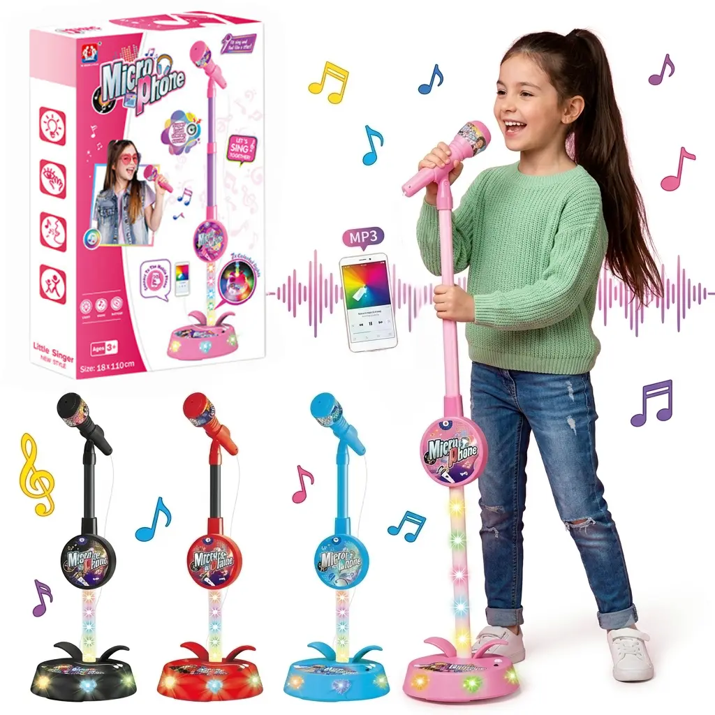 Unisex Kids Karaoke Microphone with USB-C, Retractable Headset, Adjustable Stand, Portable Design, Flashing Stage Light Base, Encourages Singing & Boosts Confidence for 3-6 Ages Playtime Musical Toy
