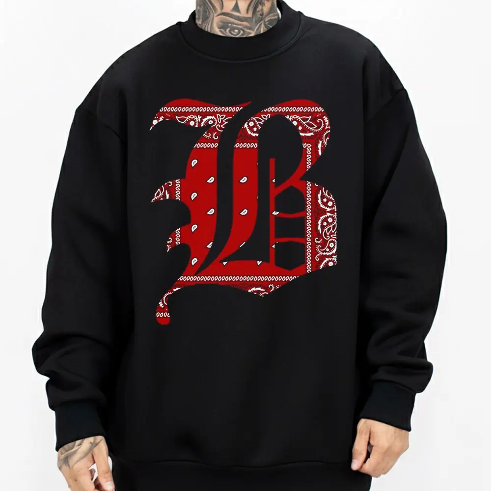 Men's B Letter Bandana Design Unisex Cotton Chicano Streetwear Graphic Tee & Crewneck Sweatshirt - Lowrider Chicana Art, Cholo Gangster Outfit, Soft Fabric Hoodie