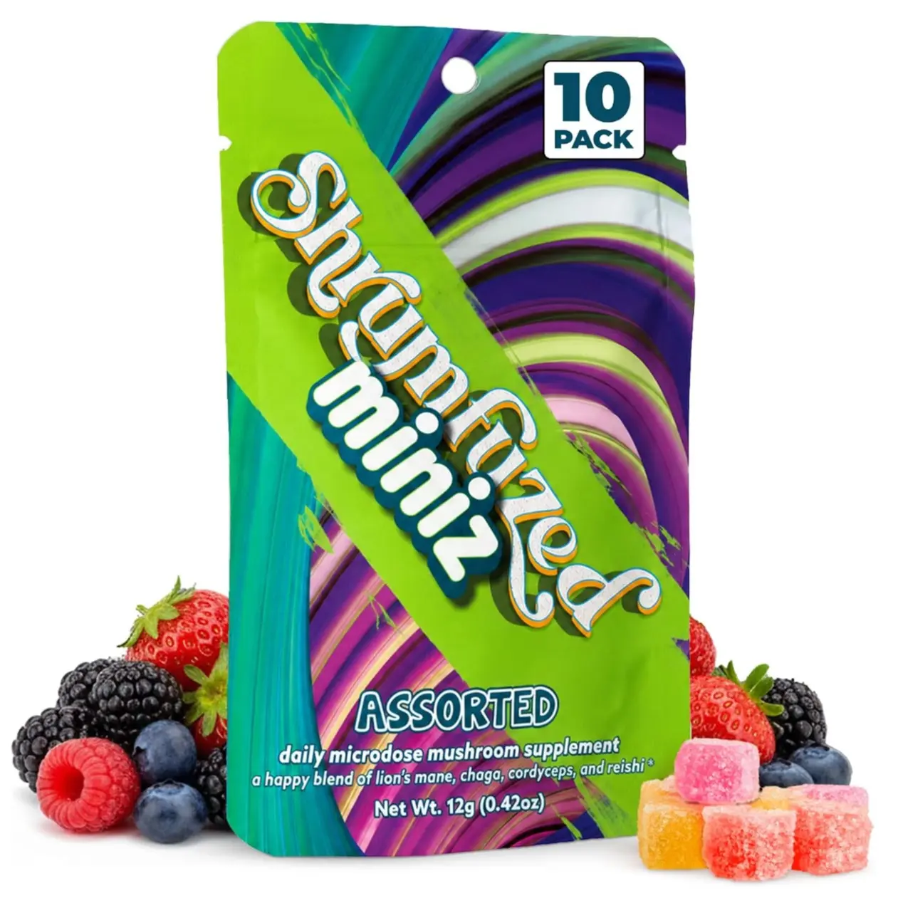 Miniz Mushroom Gummies, Assorted (10 Count) | Nootropic Mushroom Supplement with Lion's Mane, Reishi, Cordyceps & Chaga Improved Taste Mushroom Nootropic Gummy