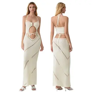 Women's Sleeveless Knit Long Dress Solid Color Halter Front Cutout Back Tie-UpDress