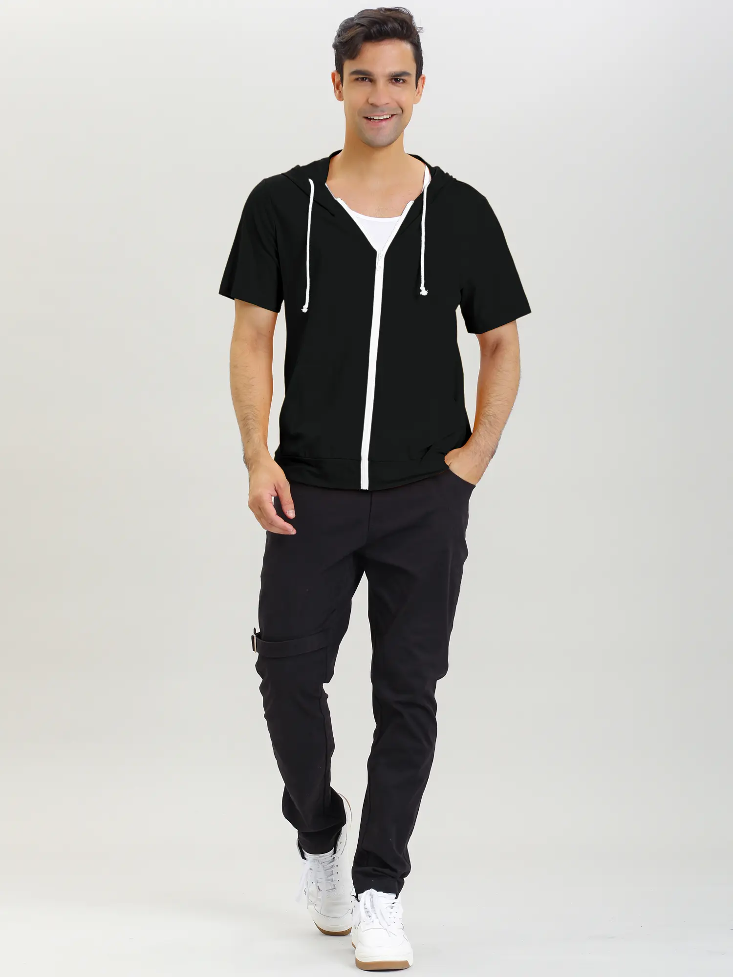 INSPIRE CHIC Men's Short Sleeve Hoodies Solid Color Zip Up Jackets with Hood