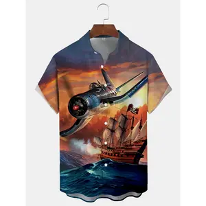[Vintage Polyester Digital Print Shirt] Vintage Men's 3D Short Sleeve Shirt - Button Pocket, Machine Washable, Fighter Plane and Pirate Ship Battle Design