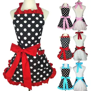 Cute Apron Retro Polka Dot Aprons Ruffle Side Vintage Cooking Aprons with Pockets Adjustable Kitchen Aprons for Women Girls Waitress Chef Mother's Day Gift(Red) Cotton Baking