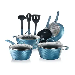 Nutrichef 11 Piece Nonstick Diamond Pattern Kitchen Cookware Set, Royal Blue NutriChef