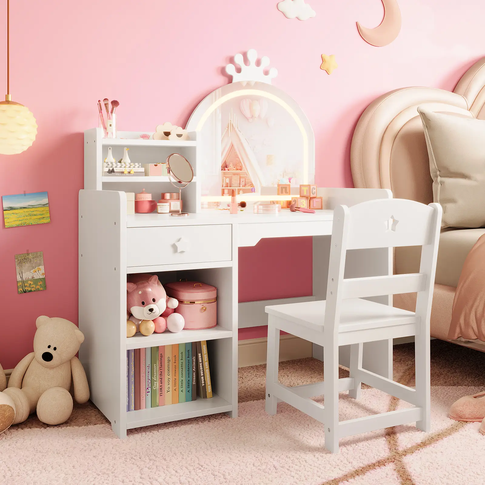 2 in 1 Princess Vanity Set for Little Girls – Kids Vanity with Lighted Mirror, Toddler Vanity Table & Chair Set, Includes Open Bookshelf, Storage Cabinet & Shelves.