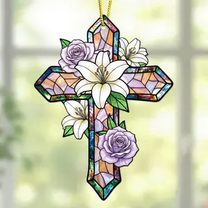 Easter  Ornament for Tree Decorations -  Flower He is Rise Easter Decor - Religious Gifts for Women Men , Catholic , Suncatcher and Easter Basket Stuffers