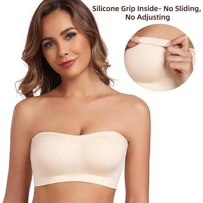 Lusait Non-Slip Silicone Bandeau Bralette Seamless Wireless Strapless Bra Padded Tube Top Strapless Bras for Women