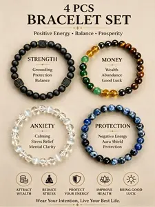 4Pcs Exquisite Boho Crystal Bracelet Stack for Men Women - Tiger Eye, Obsidian, Hematite Natural Stone Beads - Protection, Money Attraction, Anxiety Relief & Strength - Minimalist Beaded Jewelry Gift for Mom's Day, Father's Day