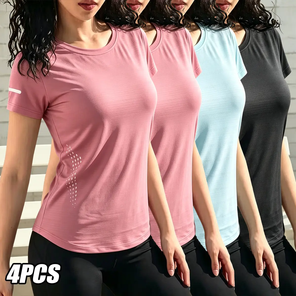 Women’s 4-pack summer outdoor breathable short-sleeve sports T-shirts, made from high-quality polyester fabric with a side cutout ventilation design that helps lower body temperature.Reflective armbands ensure low-light safety for evening walks, nighttime