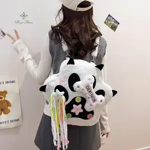 Kawaii Women's Polyester Fabric Backpack - 38x33x10 cm Patchwork Rucksack with Paw Furry Details, Crossbody Straps, Tassels, Star Accents