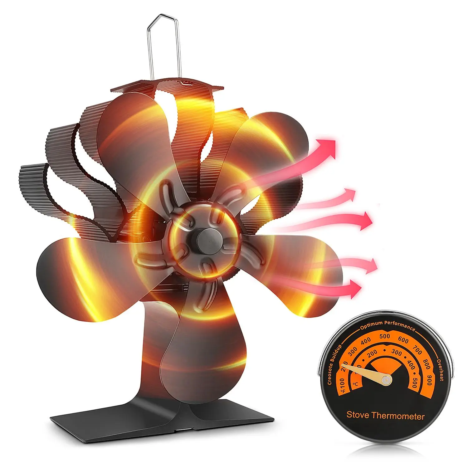 Heat Powered Fireplace Fan, 5 Blades Wood Stove Fan, Fireplace Fan for Home, Quiet Motors Operation Circulating Warm Air with Magnetic Thermometer