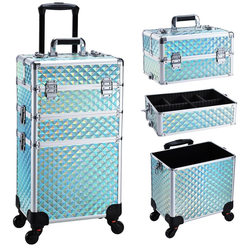 3 in 1 Rolling Makeup Train Case Large Cosmetic Trolley Salon Barber Case for Make Up Hairstylists Nail Tech Aluminum Makeup Trolley Case