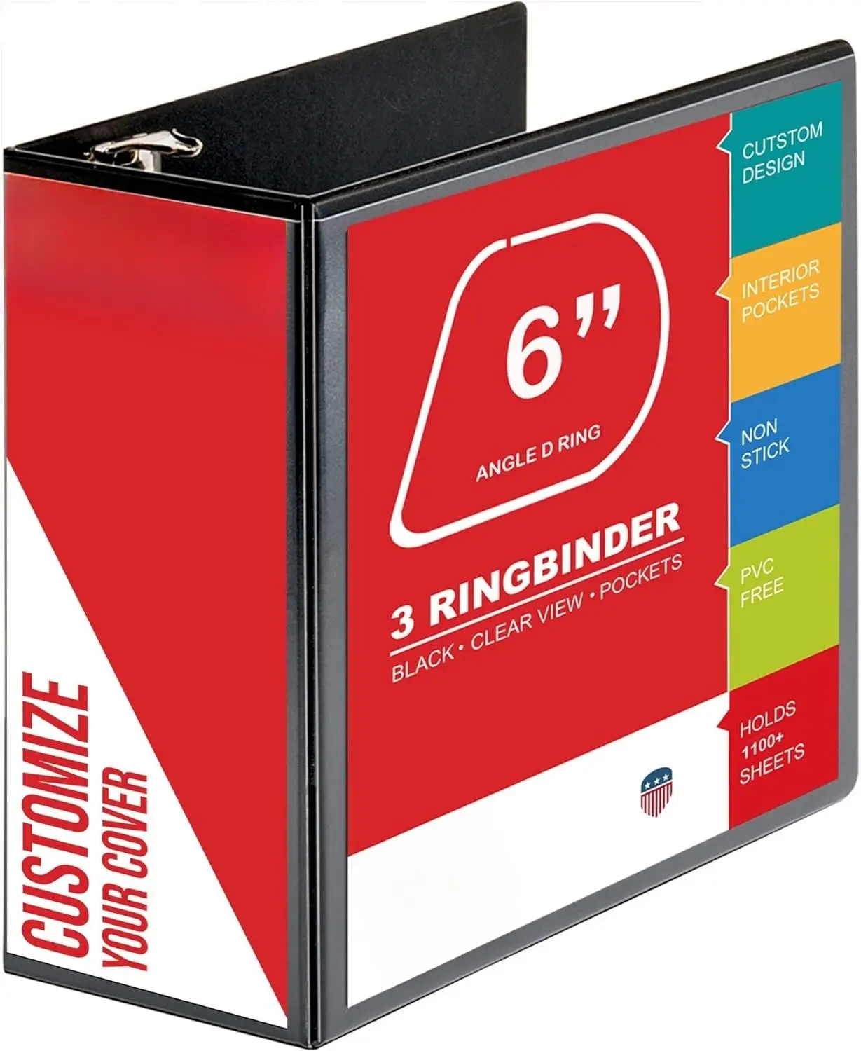 6 Inch 3 Ring Binder with Locking Angle D Rings, Professional Heavy Duty Large Storage Binder with Pockets, Fits 8.5 x 11 Inch Sheets, Non-Stick Clear View Cover, Customizable, Black