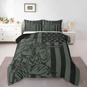 American Flag Comforter Set for Teens,Army Green Soldier Silhouettes Bedding Gifts for Him,Vintage Military Theme Bedding Comforter