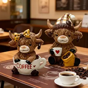 Cute Coffee Highland Cow Figurine, Resin Animal Sculptures, Home Decor, Office Desk Decoration, Living Room Bedroom Ornament, Perfect Christmas Birthday Gift
