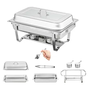 VEVOR Chafing Dish Buffet Set, 8 Qt 4 Pack, Stainless Chafer with 4 Full Size Pans, Rectangle Catering Warmer Server with Lid Water Pan Folding Stand Fuel Tray Holder Spoon Clip, at Least 8 People Eac