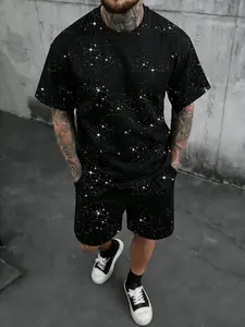 Men's short-sleeved shirt and shorts set, Matching, featuring sequined gold foil detailing; a stylish everyday outfit suitable for commuting, casual wear, or back-to-school; a great gift for fathers, husbands, or boyfriends