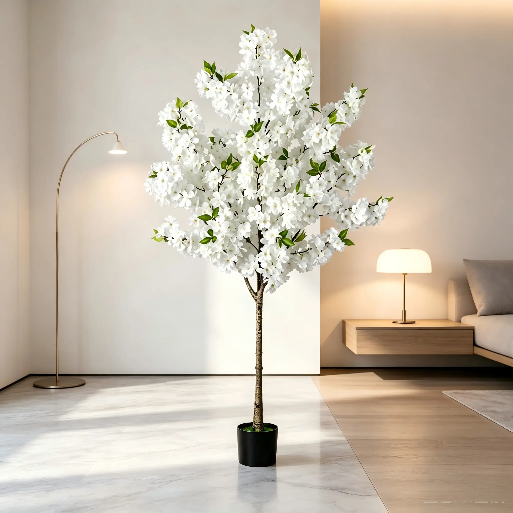 5FT Artificial White Cherry Blossom Tree with Black Pot, Lifelike Faux Flowering Floor Plant for Living Room, Bedroom, Office, Wedding and Spring Home Decor sohochic