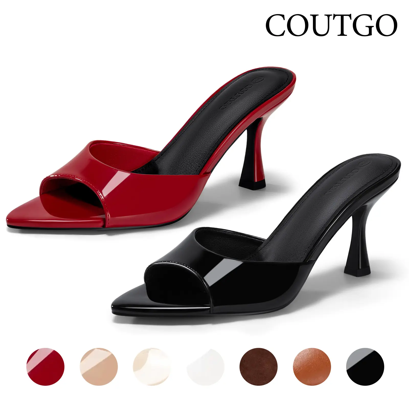 Coutgo Womens Heeled Mules Pointed Peep Toe High Heels Slip On Backless Mule Sandals Dress Shoes