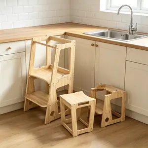 JUMRHFAN Kitchen Stool Helper| 2-in-1 Convertible Standing Tower Step Stool for Kitchen Counter, Bathroom & Toilet Training (Natural)