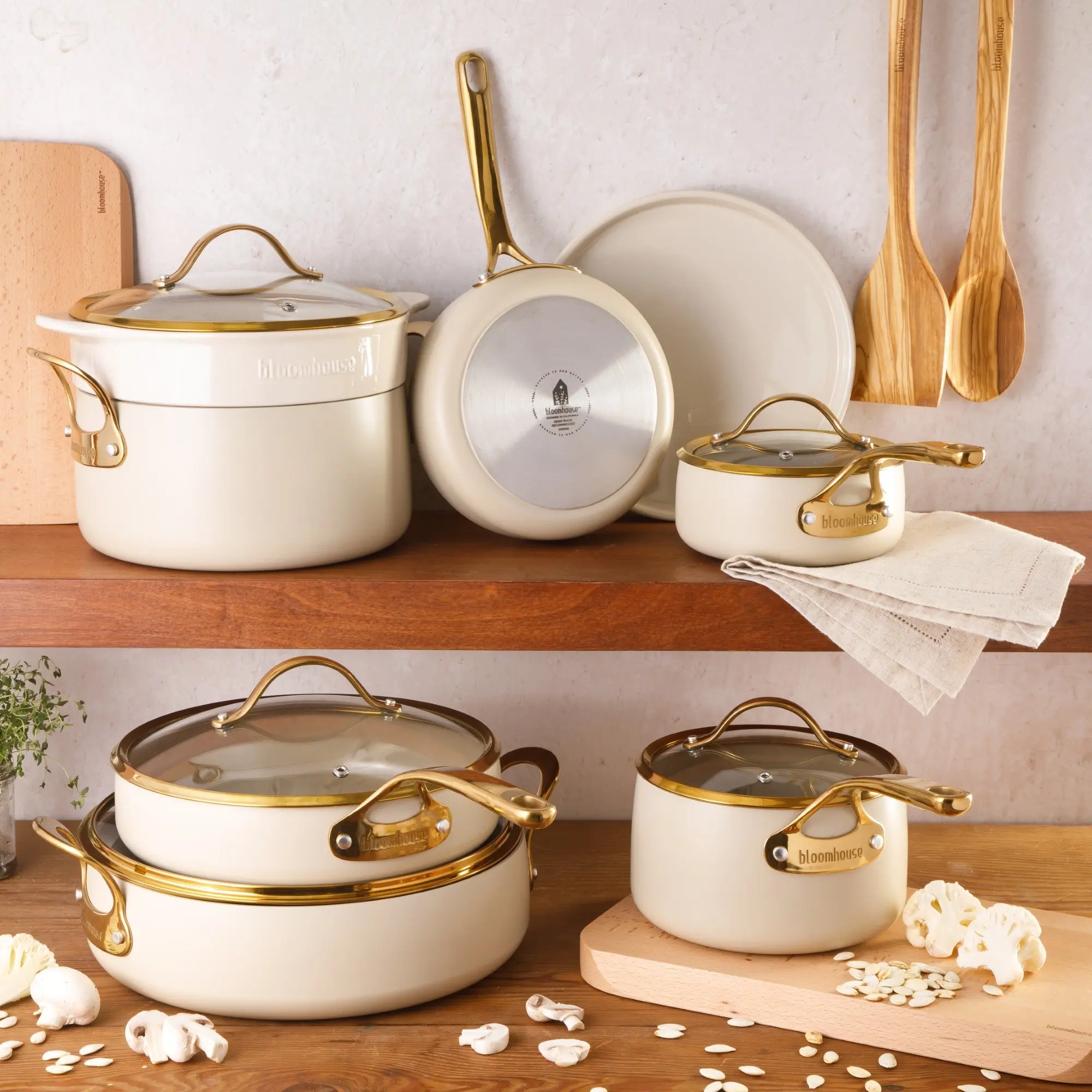 15-Piece Cookware Set - PFAS-Free Ceramic Nonstick Aluminum - Almond Cream with Gold Handles