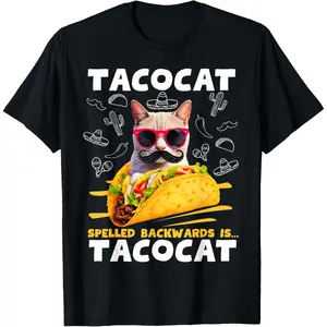 Cotton Streetwear Graphic Tees Casual Round Neck Shortsleeve Fashion Tacocat Spelled Backwards is Tacocat Funny Mexican Taco Cat T-Shirt for Men Women