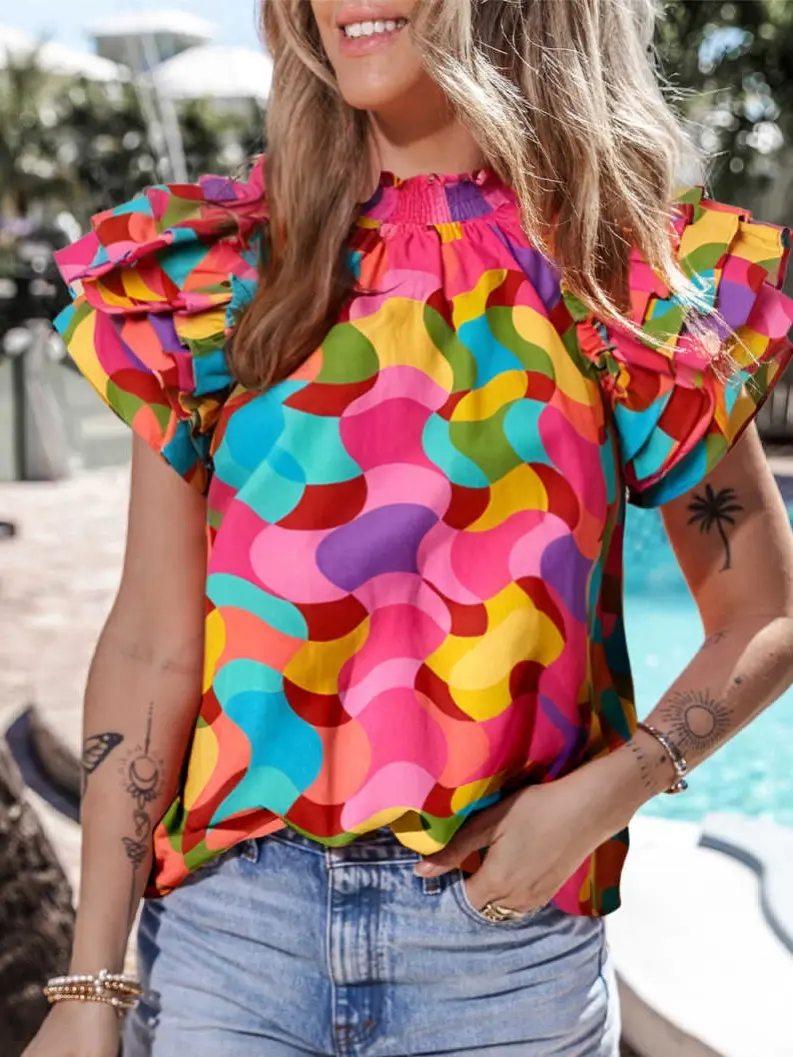 Women's Rose Red Dramatic Ruffle Sleeve Smock Neck Wavy Print Blouse - Trendy, Ready-to-Wear Women's Clothing with Round Neck, Casual Flowy Summer Top, Cute Preppy Abstract Shirt, Chic Boho Vacation Pullover, Trendy Blouses