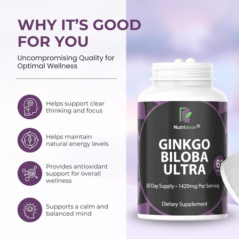 Ginkgo Biloba Ultra with Red Asian Ginseng 1420mg 60 Vegetarian Capsules Memory Focus Support Supplement Herbal Blend