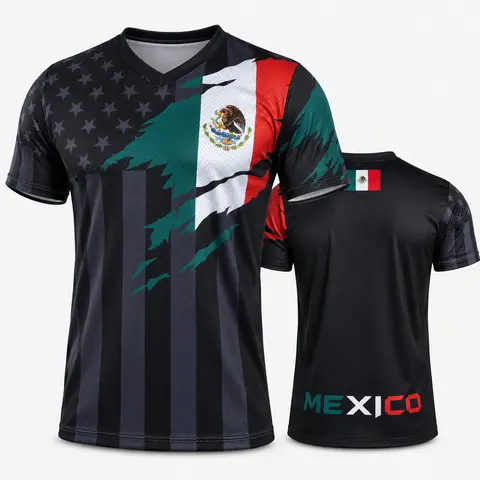 Men's Deep V-Neck Black Mexico Graphic Mesh Activewear T-Shirt - Casual Fit, Multi-Size (4XL Option), Breathable, Machine Washable, Front+Back & All-Over Print Sport Top for Gym, Summer Streetwear