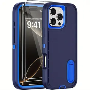 Shockproof Phone Case with 2 Screen Protectors, Military Grade Tri-layer Phone Cover with Built-in Invisible Kickstand, Phone Accessories for iPhone 11 12 13 14 15 16 Pro Max/Pro/Plus