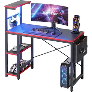 Gaming Desk with LED Lights, 44 Inch PC Gamer Desk for Small Spaces, Computer Desk with Reversible Storage Shelves & Side Storage Bag (Black 3D Carbon Fiber)