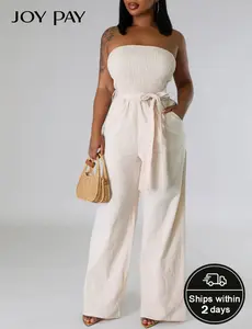 JOY PAY Strapless Smocked Jumpsuit with Belt – Wide Leg One Piece Summer Outfit for Women Vacation Style