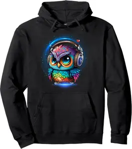 Kawaii Dj Owl With Headphones Music Colorful Owl Graphic Pullover Hoodie