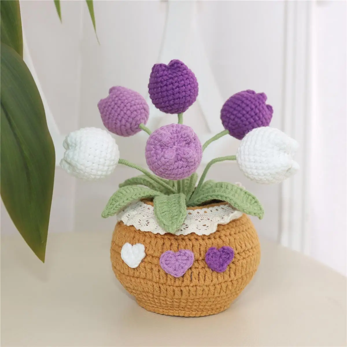 Room Decor Indoor Plants Handmade Crochet Tulip Potted Plant, 1 Count Knitting Tulip Potted Plant, Christmas 2024 Ornament, Tulips Artificial Crochet