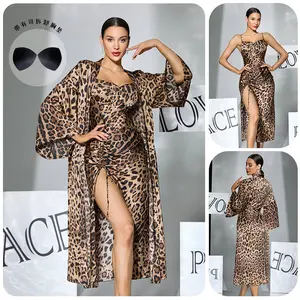 Leopard Print Two Piece Pajama Set Robe and Nightgown Removable Pads High Slit Sexy Loungewear