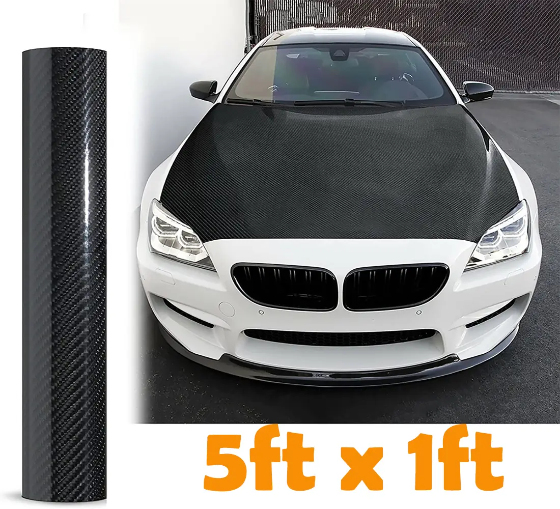 Black 7D Carbon Fiber Vinyl Wrap Roll 1ft x 5ft, 8yr Glossy Car Wrap Film Featuring Bubble Free Air Release Technology, Car Moto DIY Interior Exterior
